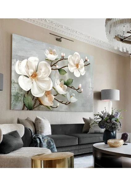 Yağlı Boya Efetkli Yosun Yeşili-Gri Tabanlı Büyük Çiçek Kanvas Du