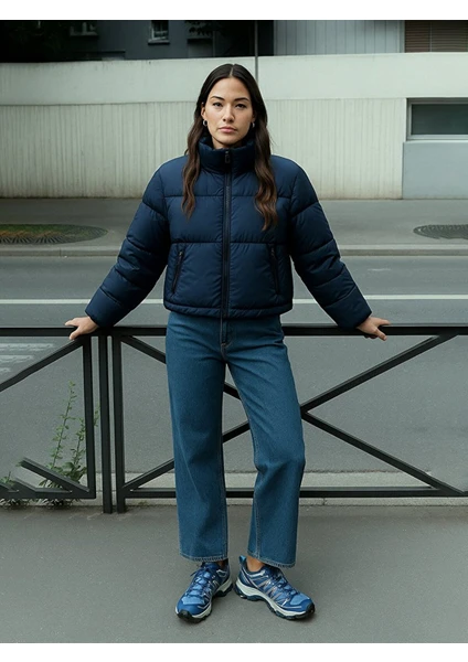 Kısa Şişme Önü Fermuarlı Lacivert Mont